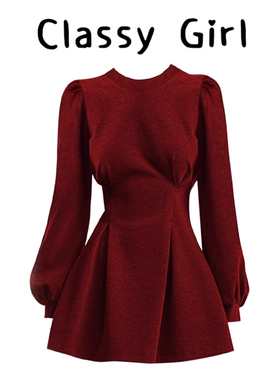 赫本风红色长袖连衣裙女2026春季富家千金感穿搭礼服收腰显瘦短裙