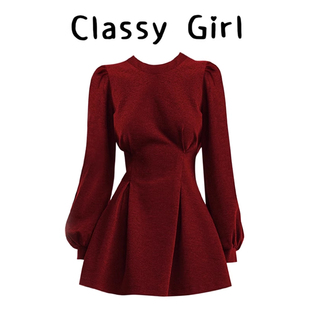 赫本风红色长袖连衣裙女2026春季富家千金感穿搭礼服收腰显瘦短裙