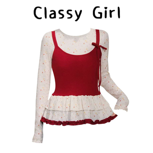 甜美假两件修身 Classy 春季 软甜草莓 上衣双层荷叶边T恤 girl