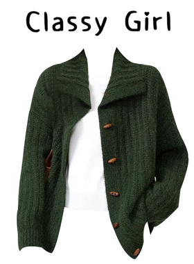 绿色加厚毛衣外套女冬季韩系宽松慵懒设计感牛角扣针织开衫上衣