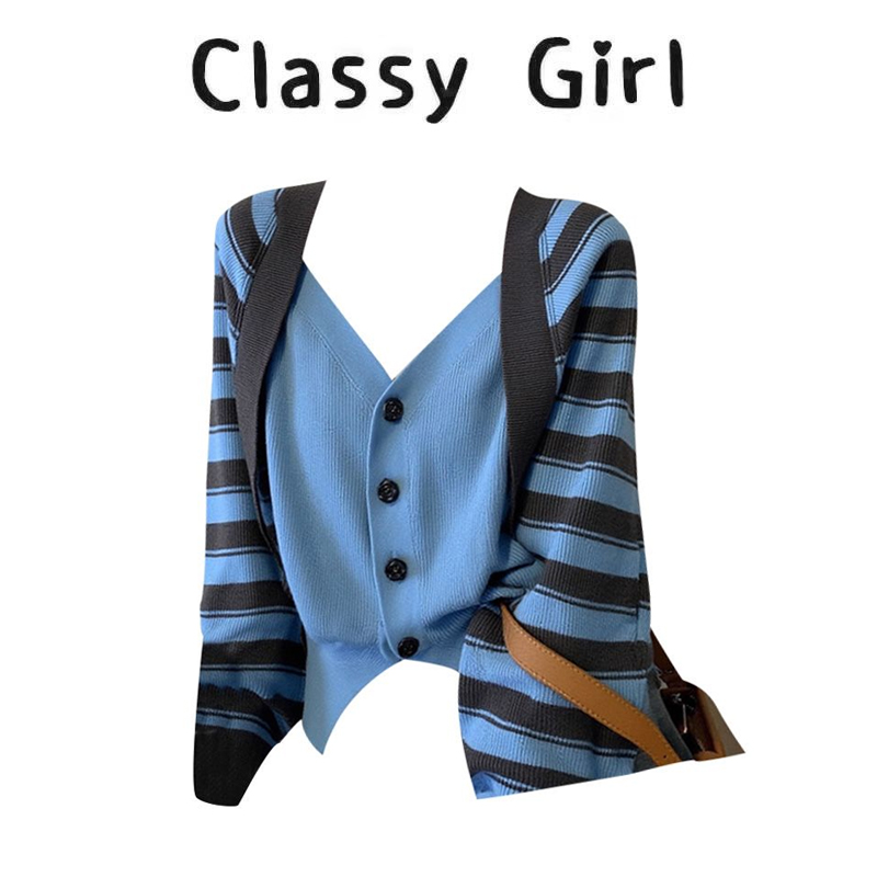 早秋显瘦百搭时髦假两件针织开衫