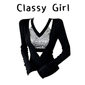 显瘦长袖 秋冬甜辣妹镂空正肩亮片v领打底衫 女内搭修身 t恤绝美上衣