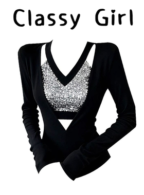 秋冬甜辣妹镂空正肩亮片v领打底衫女内搭修身显瘦长袖t恤绝美上衣