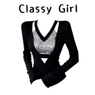 t恤绝美上衣 显瘦长袖 秋冬甜辣妹镂空正肩亮片v领打底衫 女内搭修身