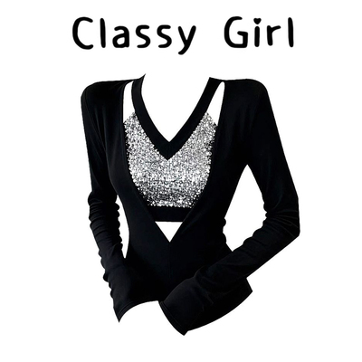 秋冬甜辣妹镂空v领打底衫t恤上衣