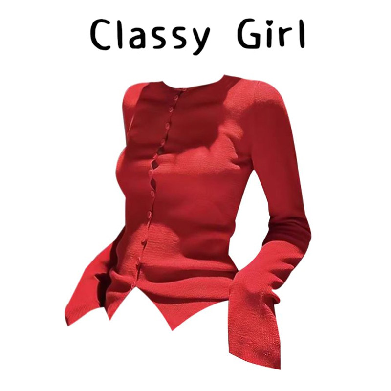 纯欲风红色V领纽扣针织衫女秋冬修身新年长袖打底衫氛围感薄上衣,女装/女士精品,大码内搭,淘宝优惠券,粉丝福利购,淘宝优惠卷