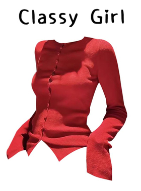 纯欲风红色V领纽扣针织衫女秋冬修身新年长袖打底衫氛围感薄上衣