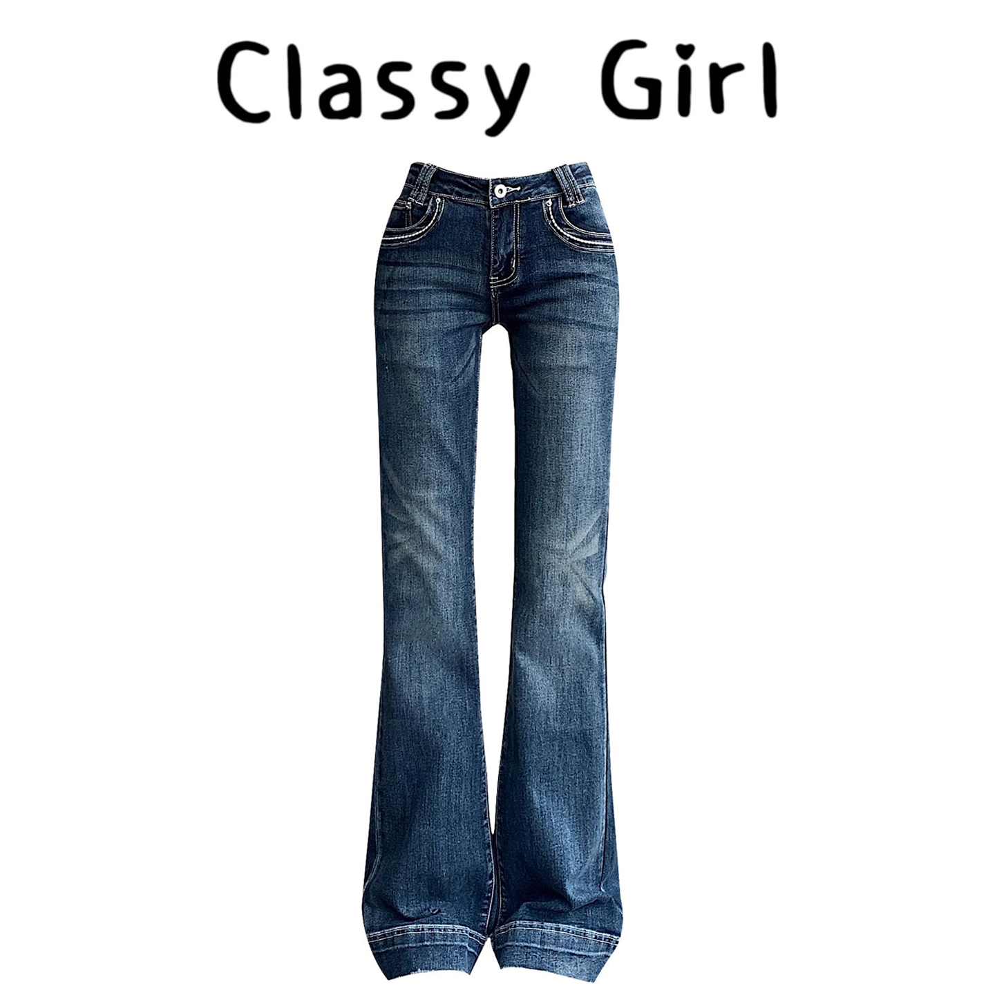 早秋低腰复古蓝色微喇叭牛仔裤