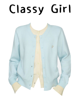 蓝色假两件正肩长袖针织开衫女早秋秋季短款外搭毛衣外套韩系上衣