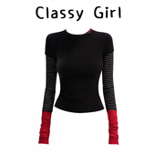 小众复古撞色条纹拼接圆领长袖 T恤女秋冬假两件设计显瘦正肩上衣