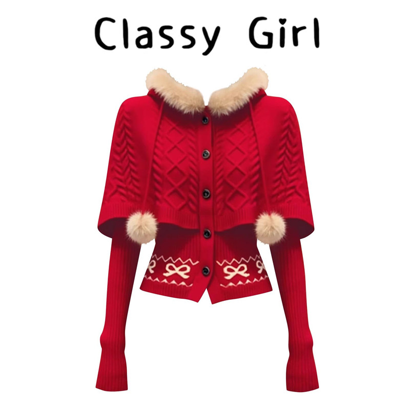 圣诞红色毛领连帽针织毛衣女秋冬季加厚修身内搭打底开衫斗篷上衣,女装/女士精品,大码内搭,淘宝优惠券,粉丝福利购,淘宝优惠卷