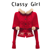 内搭打底开衫 圣诞红色毛领连帽针织毛衣女秋冬季 加厚修身 斗篷上衣
