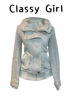 复古灰色设计感卫衣外套2026春季高级感气质遮肉拉链口袋上衣女