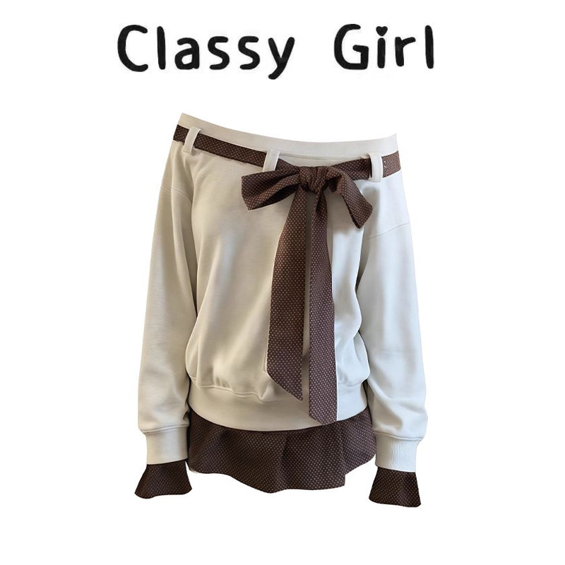 韩系波点拼接系带假两件卫衣上衣