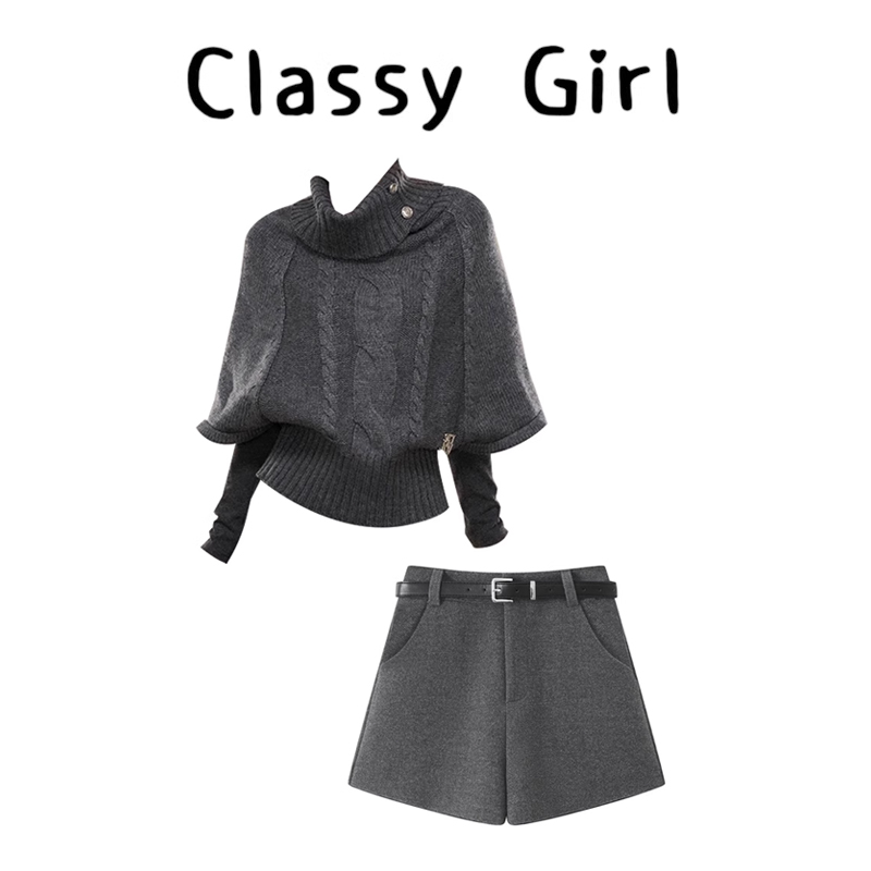秋冬韩系法式显瘦针织衫短裤套装