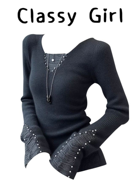 灰色钉珠针织内搭打底衫2025新款今年流行气质上衣长袖t恤女秋冬