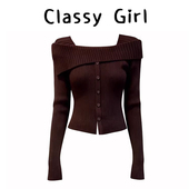 温斯顿艺术生温柔层次美一字肩针织毛衣上衣打底衫 Classy girl