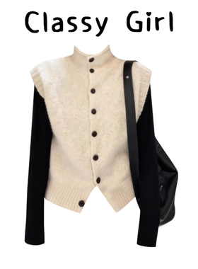 韩系高领单排扣无袖针织马甲女秋冬内搭修身T恤时尚极简风两件套