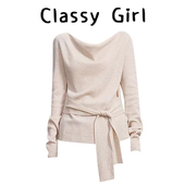 女春秋慵懒风打底衫 Classy 垂折领绑带长袖 针织衫 girl 香柠栗麦