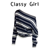 独特漂亮早秋上衣慵懒感撞色条纹斜肩针织衫 显瘦毛衣 小众不撞款