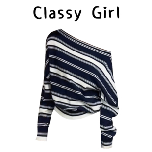 独特漂亮早秋上衣慵懒感撞色条纹斜肩针织衫 显瘦毛衣 小众不撞款