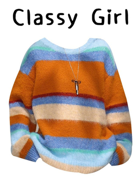 韩系多巴胺条纹圆领毛衣女秋冬新款小个子设计感内搭针织衫上衣