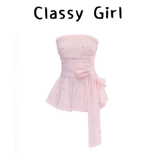 外穿系带收腰显瘦背心露肩T恤 甜美纯欲粉色条纹抹胸上衣女春夏季