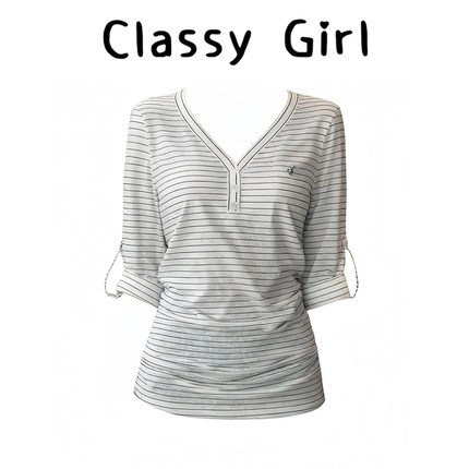 美式复古条纹7分短袖T恤女夏季新款设计感百搭V领修身显瘦上衣