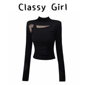 轻熟小众不撞款 半高领网纱拼接黑色长袖 打底T恤女秋季 辣妹上衣