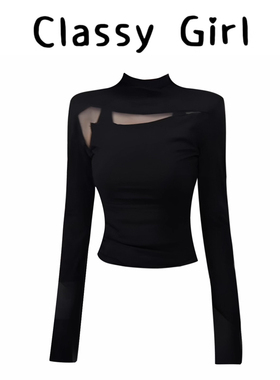 半高领网纱拼接黑色长袖打底T恤女秋季轻熟小众不撞款辣妹上衣