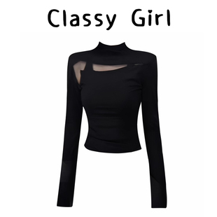 辣妹上衣 轻熟小众不撞款 半高领网纱拼接黑色长袖 打底T恤女秋季