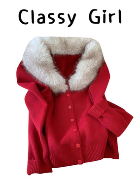 Classy girl 可拆卸毛领红色加厚针织开衫毛衣外套可外穿内搭上衣