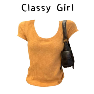 短款 橘色U领正肩短袖 韩系设计感修身 新款 显瘦小上衣 t恤女2026夏季