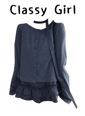 灰色真两件气质格子吊带针织衫套装女2026春季小众设计感两件套