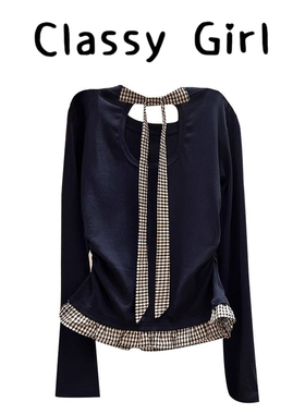 藏蓝色蝴蝶结格子拼接下摆长袖T恤女2025早秋绑带镂空设计感上衣