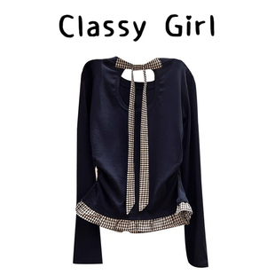 藏蓝色蝴蝶结格子拼接下摆长袖 T恤女2025早秋绑带镂空设计感上衣