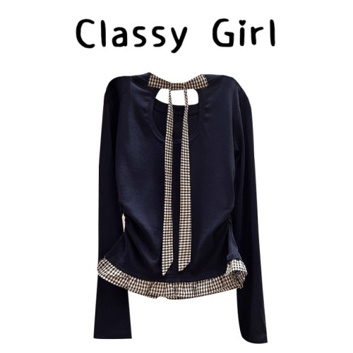 藏蓝色蝴蝶结格子拼接下摆T恤