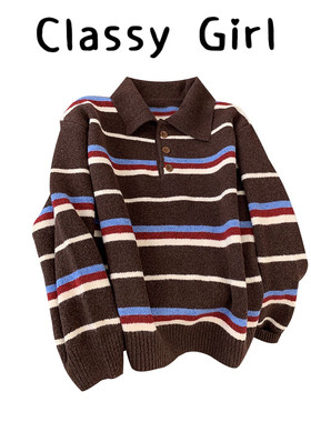 韩系复古设计感条纹撞色长袖毛衣女秋冬休闲百搭polo领针织衫上衣