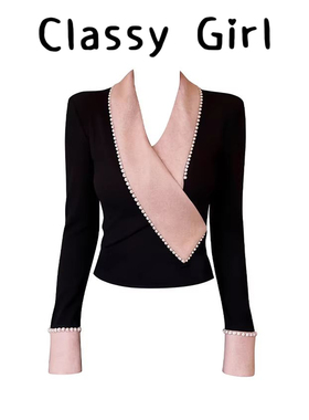 Classy girl 【玫瑰烫金】法式撞色珍珠拼接V领上衣女加厚打底