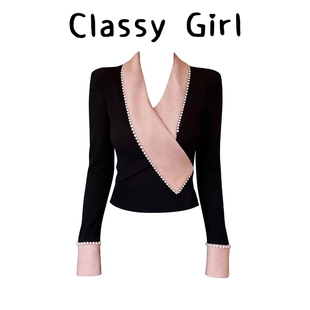 法式 玫瑰烫金 撞色珍珠拼接V领上衣女加厚打底 girl Classy