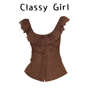 镂空蕾丝设计感修身 T恤女夏季 收腰气质上衣潮 荷叶边系带无袖 美式