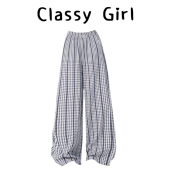 蓝色拼接蕾丝格子裤 女春夏高腰百搭垂感宽松慵懒风休闲阔腿长裤