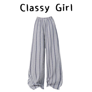 蓝色拼接蕾丝格子裤 女春夏高腰百搭垂感宽松慵懒风休闲阔腿长裤