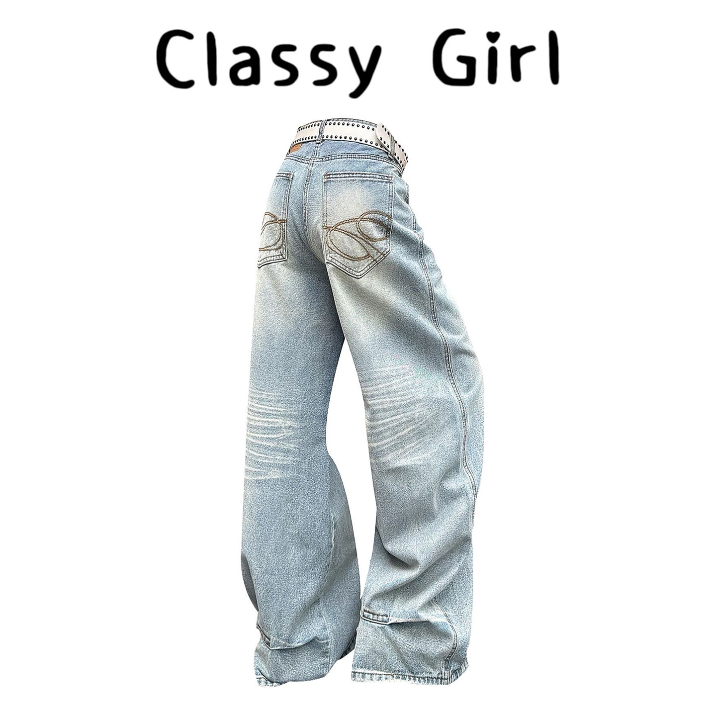 早秋大码美式高街复古刺绣牛仔裤