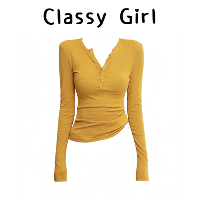 春夏辣妹显瘦修身v领正肩t恤上衣