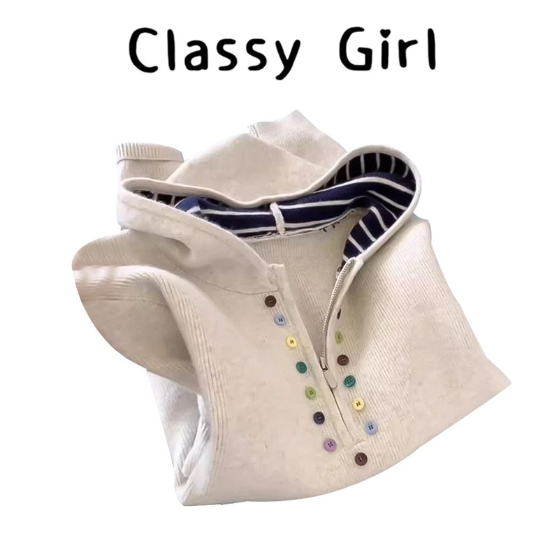 韩系慵懒风彩色纽扣半拉链连帽卫衣女秋冬新款设计感毛衣针织上衣,女装/女士精品,常规大码外套,淘宝优惠券,粉丝福利购,淘宝优惠卷