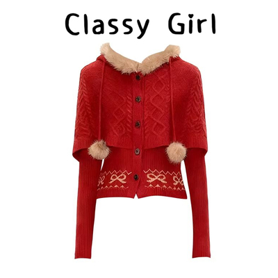秋冬圣诞风氛围感连帽毛衣开衫