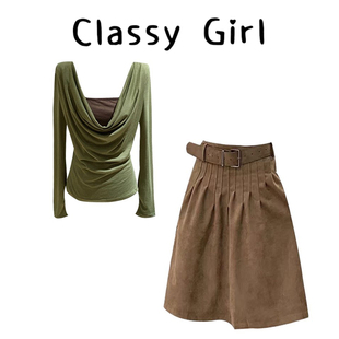 韩系一整套深冬穿搭气质慵懒感荡领针织衫 美拉德棕色麂皮绒半身裙