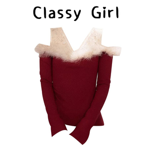 毛毛假两件T恤女2026春秋季 收腰高级感露肩打底上衣 girl Classy