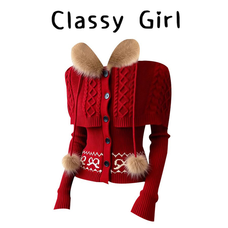 红色假两件绞花拼接翻领修身针织开衫毛衣女2026冬季马年绝美上衣,女装/女士精品,大码内搭,淘宝优惠券,粉丝福利购,淘宝优惠卷